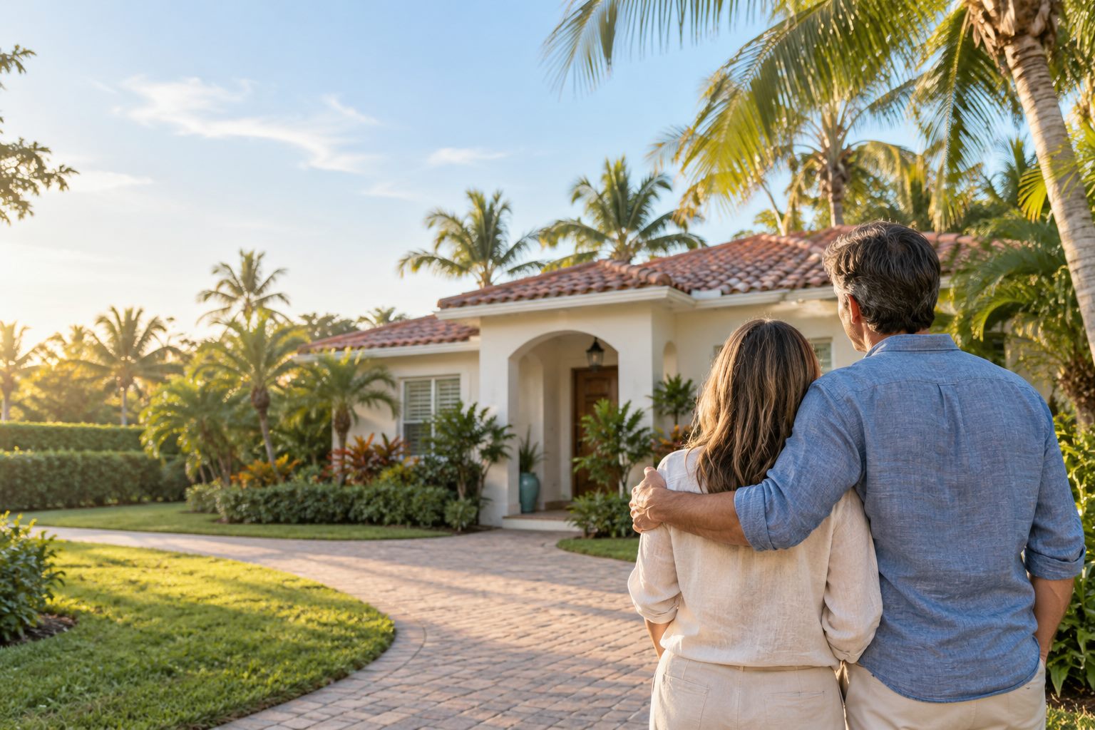 A couple stands in the driveway of a single-story South Florida home with a tile roof and palm trees.