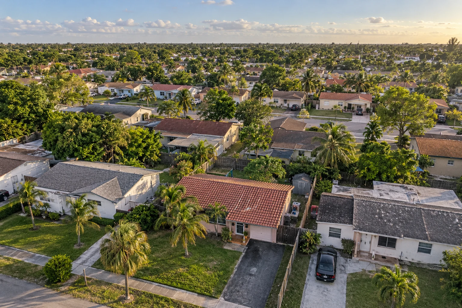 Aerial view of a South Florida neighborhood of single-story homes with tile roofs and palm trees.
